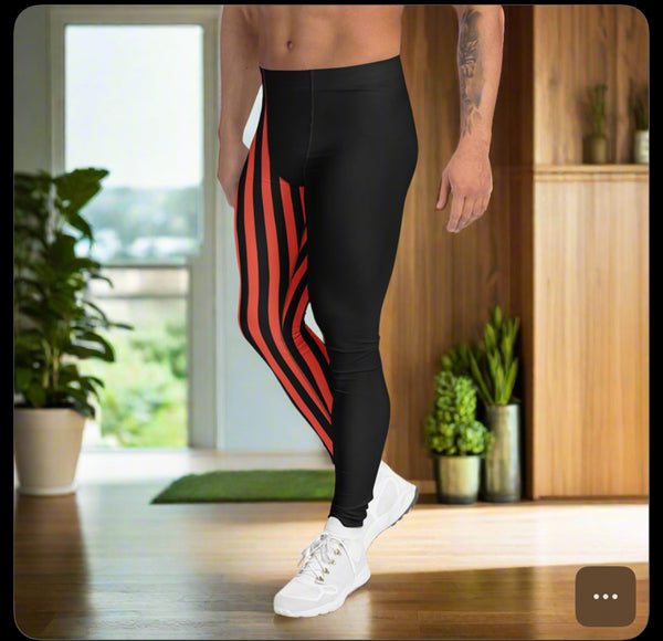 Orange Black Striped Meggings, Designer Men's Leggings