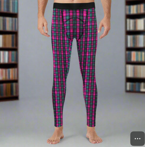 Pink Plaid Print Meggings, Best Designer Pink Plaid Men's Compression Tights For Men (Size: S-2XL)