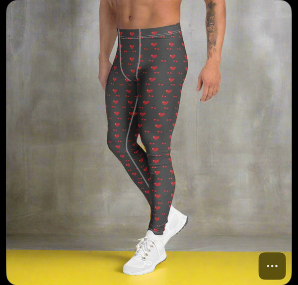 Grey Red Hearts Men's Leggings, Red Cherries Printed Best Gay Friendly Hearts Print Valentine's Day Pattern Designer Print&nbsp; Meggings Men's Workout Gym Tights Leggings, Men's Compression Tights Pants - Made in USA/ EU/ MX (US Size: XS-3XL) Patterned Leggings For Men, Tights Workout, Men's Compression Pants, Mens Festival Leggings, Mens Leggings Fashion, Mens Tights&nbsp;