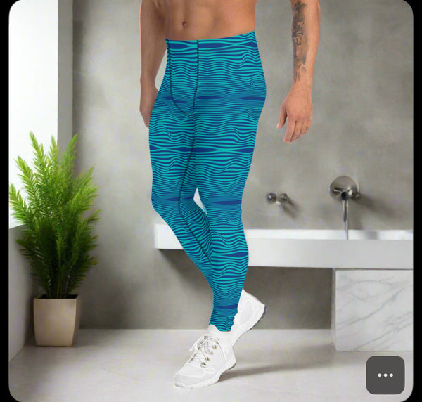 Blue Wavy Print Men's Leggings, Retro Style Wavy Designer Men's Compression Sports Tights - Made in USA/EU/MX