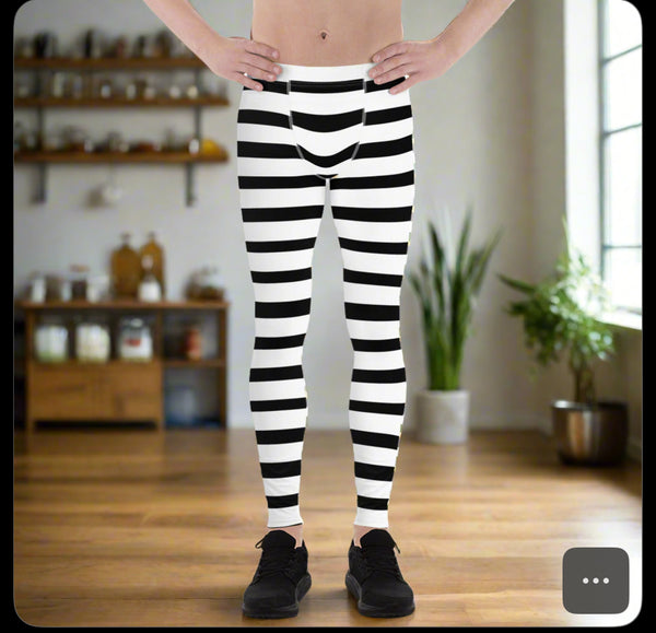 Black Striped Horizontal Print Meggings, White Stripe Horizontal Premium Men's Leggings-Made in USA/EU