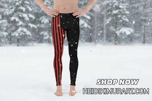 Retro Orange Black Striped Meggings, Men's Leggings