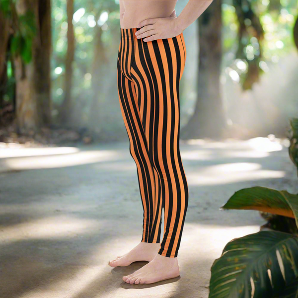 Orange Black Striped Meggings, Best Designer Men's Leggings