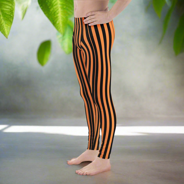 Orange Black Striped Meggings, Best Designer Men's Leggings