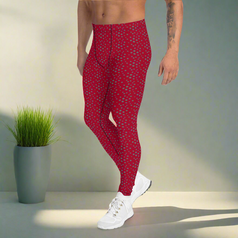 Red Grey Dotted Men's Leggings, Dots Pattern Designer Running Compression Tights For Men - Made in USA/EU/MX