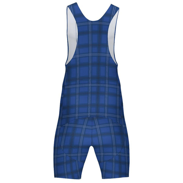 Blue plaid bib shorts with white shoulder straps and white grid lines, shown against a plain white background.