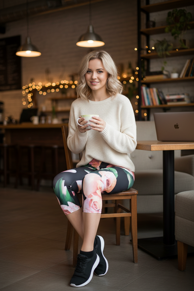 A woman sits on a wooden chair in a cozy cafe setting, wearing a cream ribbed knit sweater and colorful floral leggings with black sneakers. She holds a white mug, with a laptop on a table in the background.