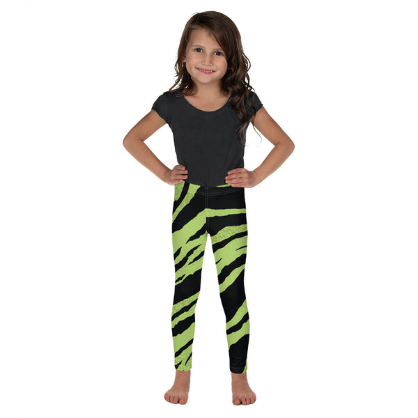 Green Tiger Striped Kid's Leggings, Tiger Print Cute Premium Bestselling Kid's Leggings- Made in USA/EU