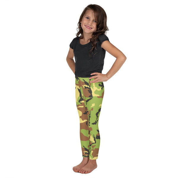 Green Camo Kid's Leggings, Kid's Camouflaged Military Print Leggings Elastic Fitness Tights- Made in USA/ EU