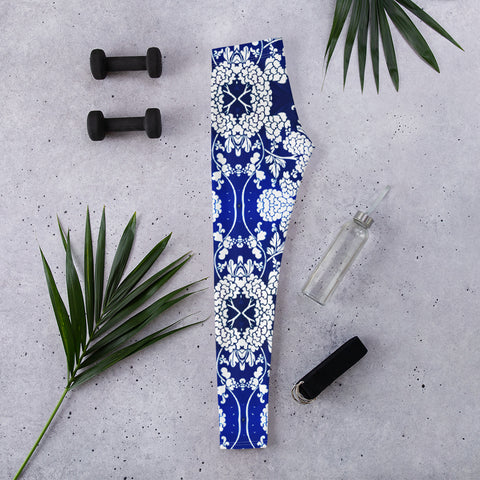 Blue Floral Print Casual Leggings, Oriental Style Abstract Floral Print Women's Casual Leggings, Floral Print Women's Long Casual Leggings/ Running Tights - Made in USA/EU/ MX (US Size: XS-XL)