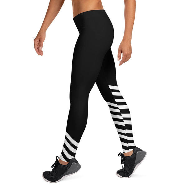 Modern Diagonal Striped Women's Tights, Best Striped Ladies Casual Tights, Best UPF 50+ Black White Stripes Sexy Modern Women's Long Dressy Casual Fashion Leggings/ Running Tights - Made in USA/ EU/ MX (US Size: XS-XL)