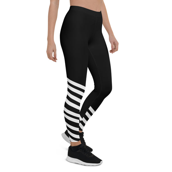 Modern Diagonal Striped Women's Tights, Best Striped Ladies Casual Tights, Best UPF 50+ Black White Stripes Sexy Modern Women's Long Dressy Casual Fashion Leggings/ Running Tights - Made in USA/ EU/ MX (US Size: XS-XL)