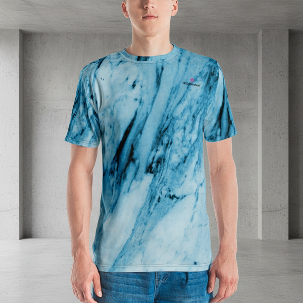Blue Marble Abstract Men's T-shirt, Blue And White Marbled Luxury Tees For Men-Made in USA/EU