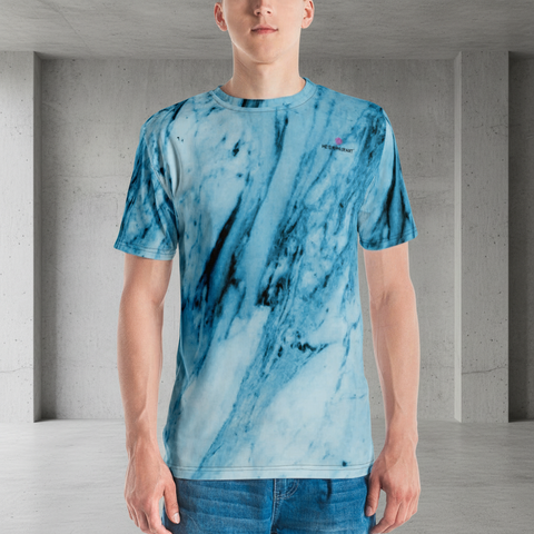 Blue Marble Abstract Men's T-shirt, Blue And White Marbled Luxury Tees For Men-Made in USA/EU