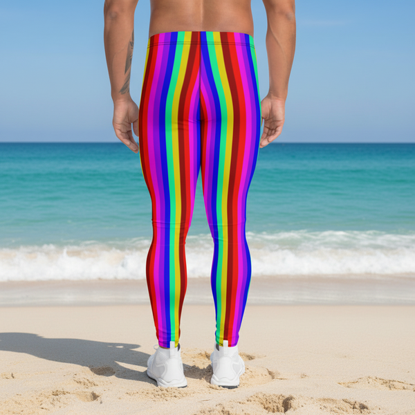 Bright Rainbow Men's Leggings, Colorful Gay Pride Festival Parade Tights-Made in USA/EU/MX