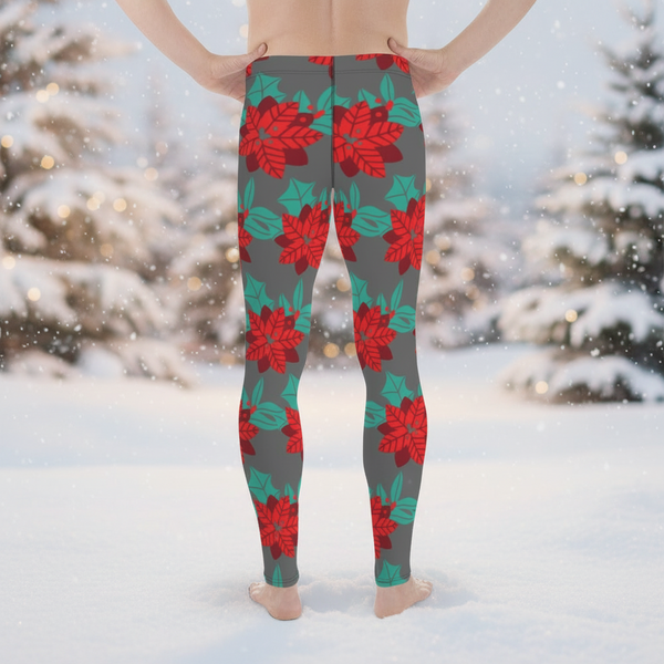 Grey Christmas Floral Men's Leggings, Grey & Red Xmas Flower Best Designer Men's Leggings-Made in USA/MX/EU