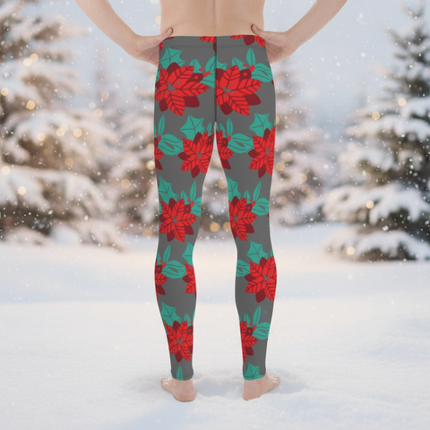 Grey Christmas Floral Men's Leggings, Grey & Red Xmas Flower Best Designer Men's Leggings-Made in USA/MX/EU