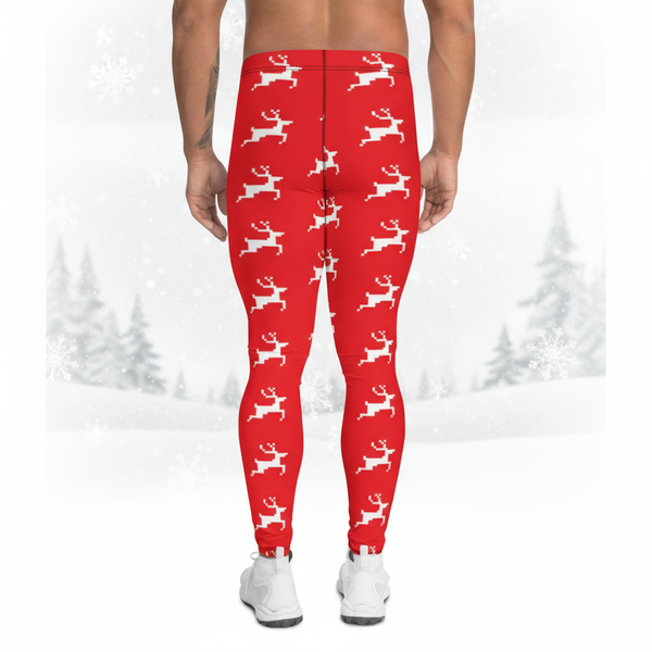 Red Reindeer Christmas Men's Leggings, Red & White Xmas Designer Men's Leggings-Made in USA/MX/EU