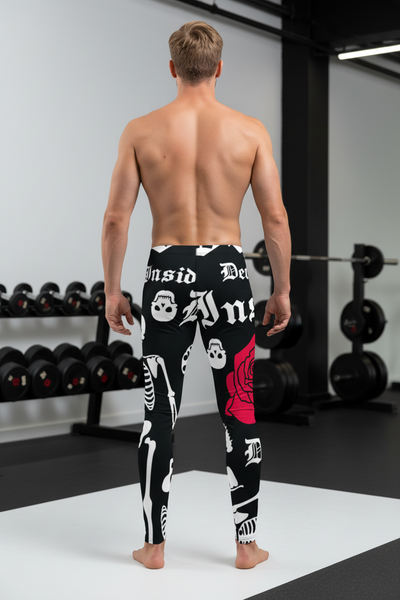 Black Skulls Romantic Men's Leggings, Rose Skull Leggings, Skull Leggings Men - Made in USA/EU/MX