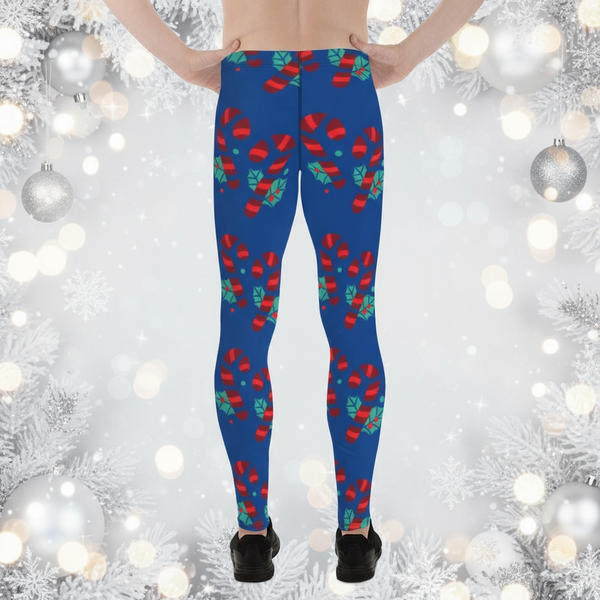 Blue Christmas Candy Men's Leggings, Blue and Red Colorful Christmas Candy Cane Style Gym Tights For Men - Made in USA/EU/MX