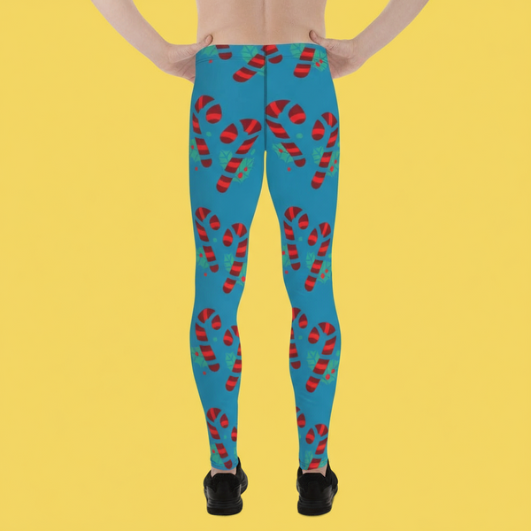 Blue Candy Cane Men's Leggings, Blue and Red Colorful Christmas Candy Cane Style Gym Tights For Men - Made in USA/EU/MX