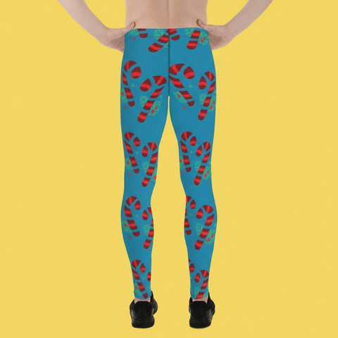 Blue Candy Cane Men's Leggings, Blue and Red Colorful Christmas Candy Cane Style Gym Tights For Men - Made in USA/EU/MX