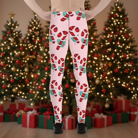 Pink Candy Cane Men's Leggings, Pink and Red Colorful Christmas Candy Cane Style Gym Tights For Men - Made in USA/EU/MX