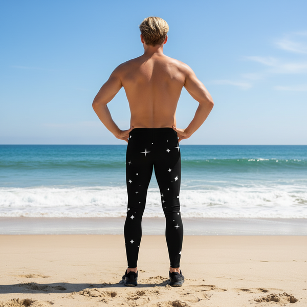 Black Starry Nights Men's Leggings, Stars Pattern Meggings Compression Tights-Made in USA/EU/MX