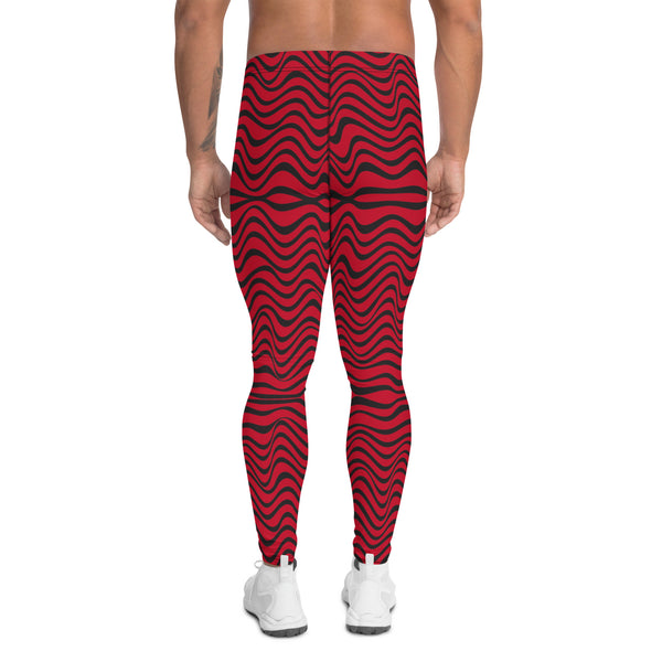 Red Black Curvy Men's Leggings, Great Wave Abstract Pattern Designer Print Sexy Meggings Men's Workout Gym Tights Leggings, Men's Compression Tights Pants - Made in USA/ EU/ MX (US Size: XS-3XL)&nbsp;Patterned&nbsp;Leggings For Men, Tights Workout, Men's Compression Pants, Mens Festival Leggings, Mens Leggings Fashion, Mens Tights