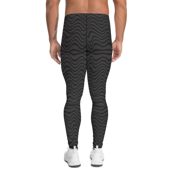 Black Grey Curvy Men's Leggings, Great Wave Abstract Pattern Designer Print Sexy Meggings Men's Workout Gym Tights Leggings, Men's Compression Tights Pants - Made in USA/ EU/ MX (US Size: XS-3XL) Patterned&nbsp;Leggings For Men, Tights Workout, Men's Compression Pants, Mens Festival Leggings, Mens Leggings Fashion, Mens Tights