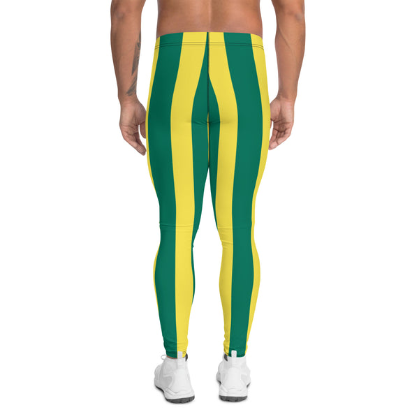 Green Yellow Striped Men's Leggings, Vertical Striped Meggings Compression Tights For Men- Made in USA/EU/MX