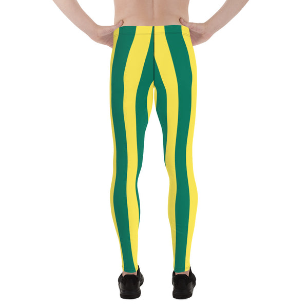 Green Yellow Striped Men's Leggings, Vertical Striped Meggings Compression Tights For Men- Made in USA/EU/MX