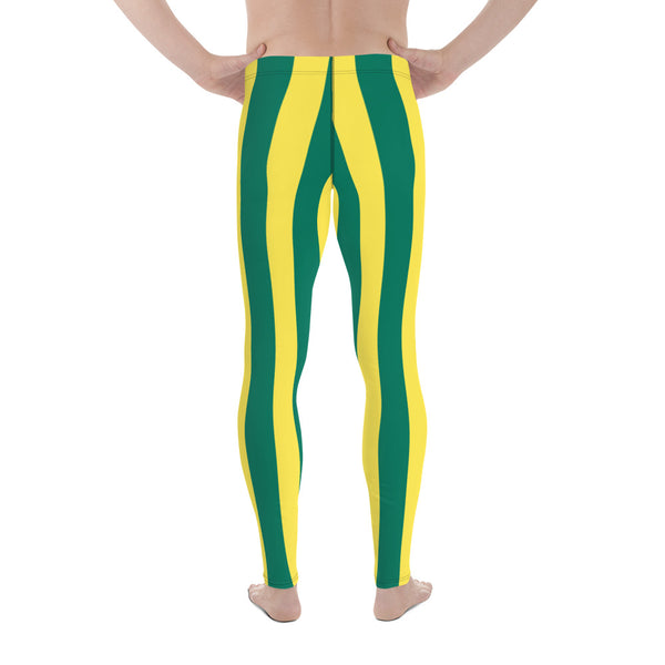 Green Yellow Striped Men's Leggings, Vertical Striped Meggings Compression Tights For Men- Made in USA/EU/MX