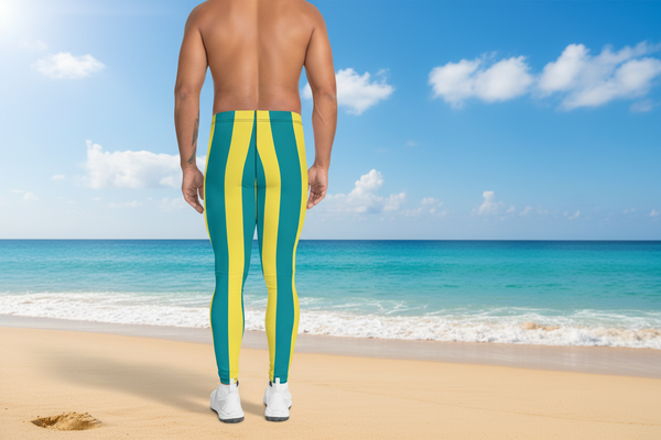 Blue Yellow Stripes Men's Leggings, Colorful Patterned Designer Best Men's Leggings - Made in USA/EU/MX