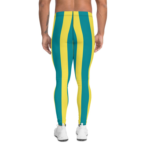 Blue Yellow Stripes Meggings, Blue Vertically Striped Men's Tights, Best Colorful Patterned Designer Best Men's Leggings, Designer Print Sexy Meggings Men's Workout Gym Tights Leggings, Men's Compression Tights Pants - Made in USA/ EU/ MX (US Size: XS-3XL) 