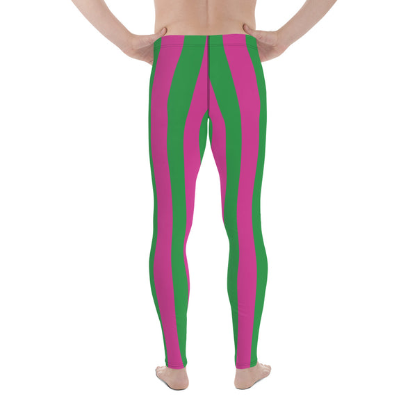 Pink Green Stripes Men's Leggings, Vertically Striped Designer Print Sexy Meggings Men's Workout Gym Tights Leggings, Men's Compression Tights Pants - Made in USA/ EU/ MX (US Size: XS-3XL) 