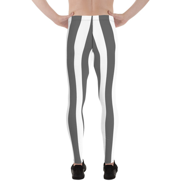 Grey White Stripes Men's Leggings, Vertically Striped Designer Print Sexy Meggings Men's Workout Gym Tights Leggings, Men's Compression Tights Pants - Made in USA/ EU/ MX (US Size: XS-3XL) 