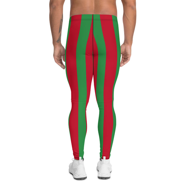 Red Green Stripes Men's Leggings, Vertically Striped Print Designer Print Sexy Meggings Men's Workout Gym Tights Leggings, Men's Compression Tights Pants - Made in USA/ EU/ MX (US Size: XS-3XL) 