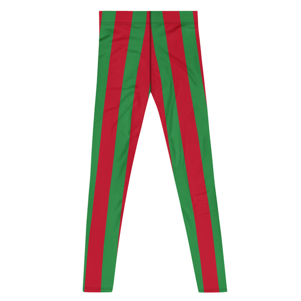 Red Green Stripes Men's Leggings, Vertically Striped Print Designer Print Sexy Meggings Men's Workout Gym Tights Leggings, Men's Compression Tights Pants - Made in USA/ EU/ MX (US Size: XS-3XL) 