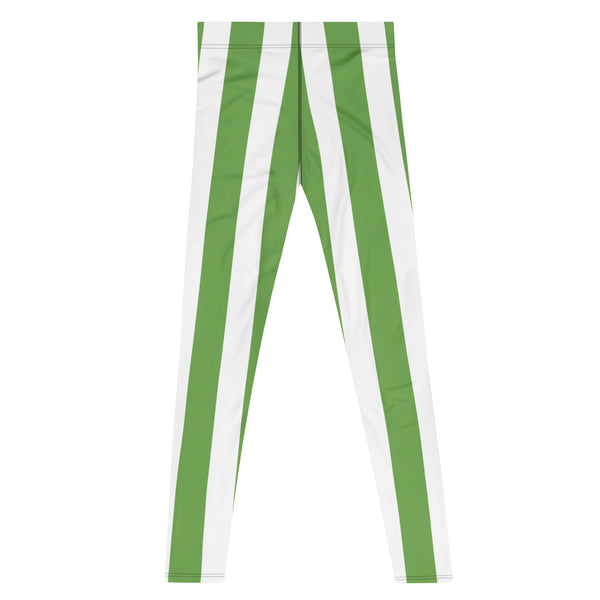 Green White Stripes Men's Leggings, Vertically Striped Designer Print Sexy Meggings Men's Workout Gym Tights Leggings, Men's Compression Tights Pants - Made in USA/ EU/ MX (US Size: XS-3XL) 