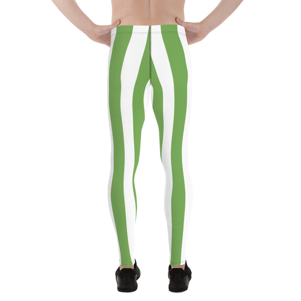 Green White Stripes Men's Leggings, Vertically Striped Designer Print Sexy Meggings Men's Workout Gym Tights Leggings, Men's Compression Tights Pants - Made in USA/ EU/ MX (US Size: XS-3XL) 
