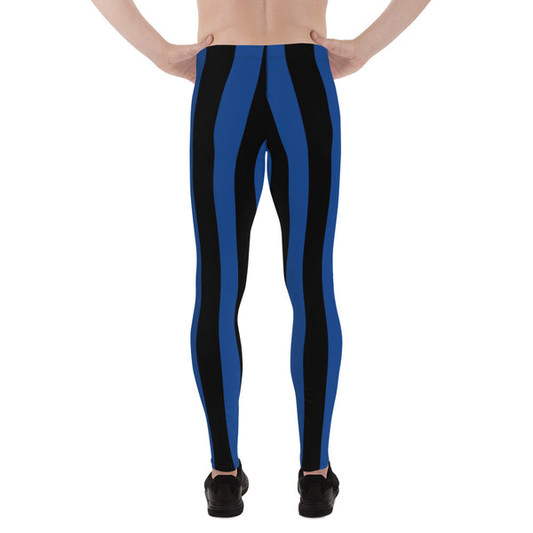 Blue Black Stripes Meggings, Colorful Patterned Vertical Striped Print Designer Best Men's Leggings, Designer Print Sexy Meggings Men's Workout Gym Tights Leggings, Men's Compression Tights Pants - Made in USA/ EU/ MX (US Size: XS-3XL) 