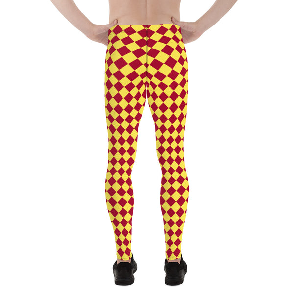 Yellow Red Checkered Men's Leggings, Check Pants Men, Men's Plaid Pants, Checkered Pants - Made in USA/EU/MX