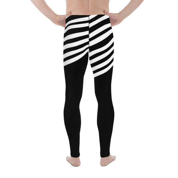 White Black Striped Meggings, Designer Men's Leggings, Designer Minimalist Black White Modern Meggings-Made in USA/EU/MX