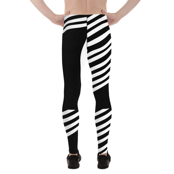 Black and White Sexy Meggings, Designer Diagonally Striped Men's Leggings, Designer Minimalist Black White Modern Sexy Meggings Men's Workout Gym Tights Leggings, Men's Compression Tights Pants - Made in USA/ EU/ MX (US Size: XS-3XL)