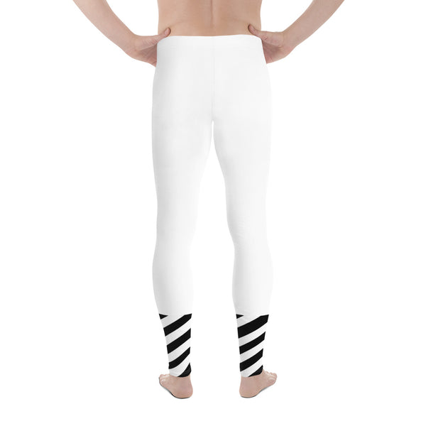 White Striped Black Meggings, Best Men's Leggings, Designer Minimalist Black White Modern Meggings-Made in USA/EU/MX