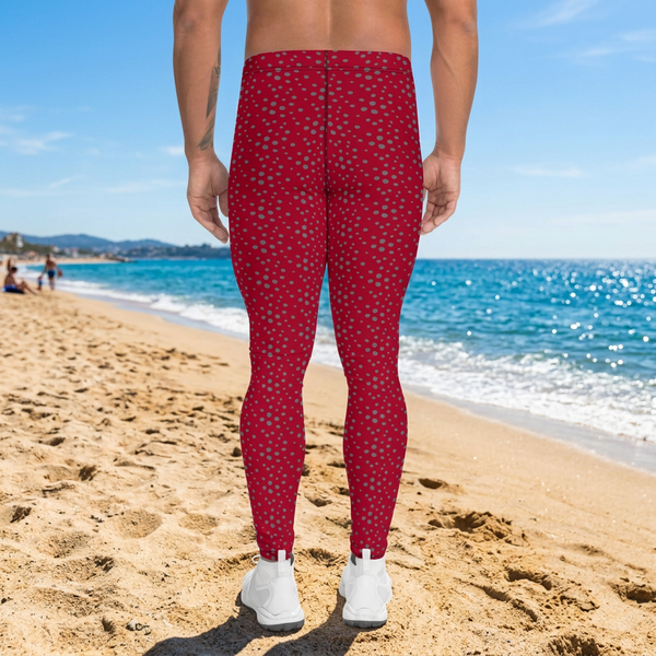 Red Grey Dotted Men's Leggings, Dots Pattern Designer Running Compression Tights For Men - Made in USA/EU/MX