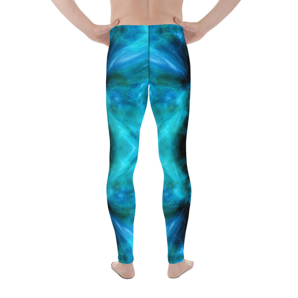 Blue Galaxy Men's Leggings, Mens Galaxy Lightning Storm Pants, Thunder Lightning Leggings For Men-Made in USA/EU/MX