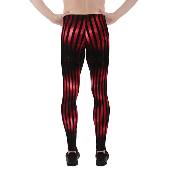 Red Striped Best Men's Leggings, Vertical Striped Meggings Compression Tights For Men- Made in USA/EU/MX