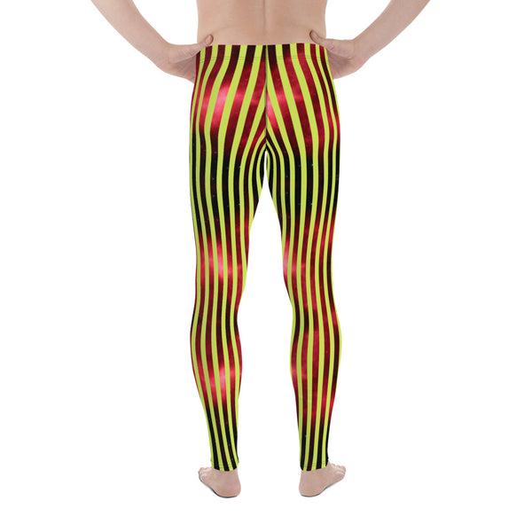 Red Green Striped Men's Leggings, Abstract Vertical Striped Meggings Compression Tights For Men- Made in USA/EU/MX